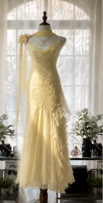 Robe de Soirée Jaune Chic avec Bretelles Robe Longue Fourreau en Mousseline Perles DP06434