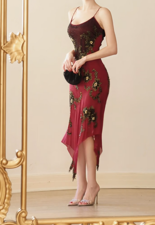 Elegantes burgundfarbenes Geburtstagskleid mit Trägern, figurbetontes Ballkleid, Chiffonkleid mit Perlen für Party DP06443