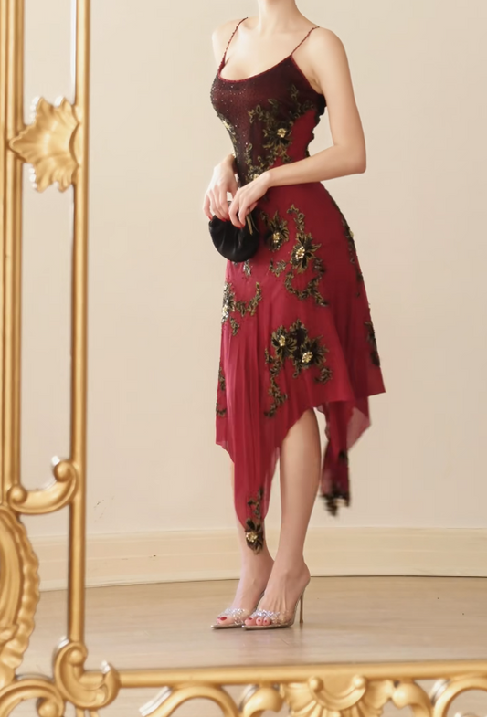 Elegantes burgundfarbenes Geburtstagskleid mit Trägern, figurbetontes Ballkleid, Chiffonkleid mit Perlen für Party DP06443