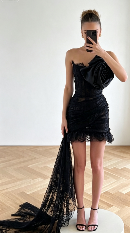 Elegantes schwarzes trägerloses Etui-Kleid für Geburtstagsfeier, Hoco-Kleid, Spitzenkleid für Party DP06446