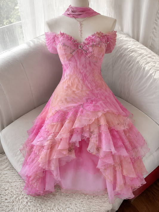 Elegantes rosa Geburtstagskleid schulterfrei A-Linie Hoco Kleid Chiffonkleid für Party DP06454