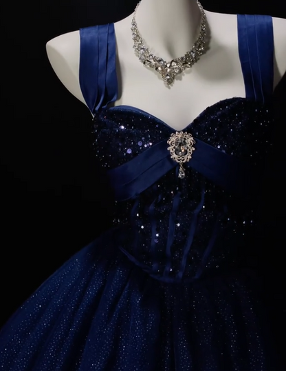 Elegant Navy Blue Prom Dress Straps A-Line Tulle Long Evening Dress DP06459