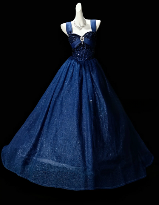Elegantes marineblaues Ballkleid mit Trägern, A-Linie, Tüll, langes Abendkleid DP06459