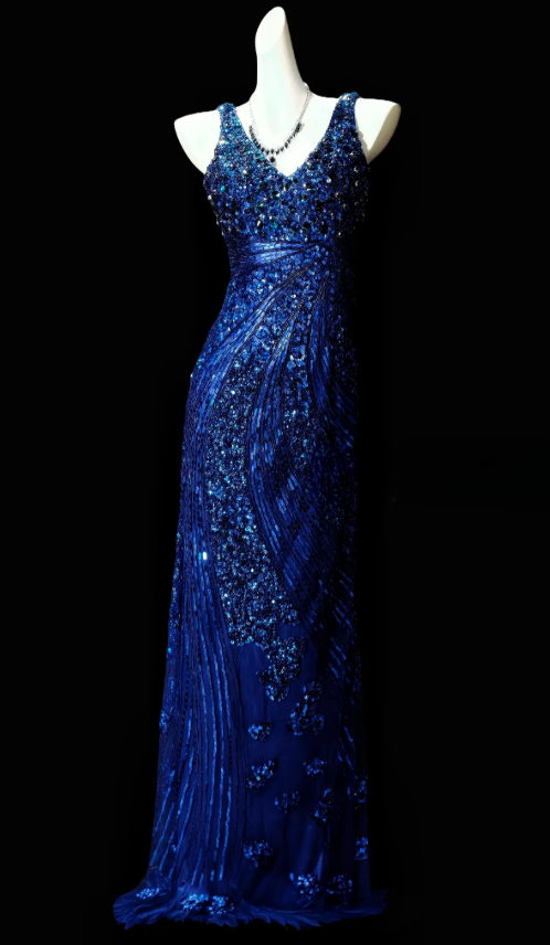 Elegantes blaues Ballkleid, V-Ausschnitt, figurbetont, Satin, Perlenbesatz, langes Abendkleid DP06460