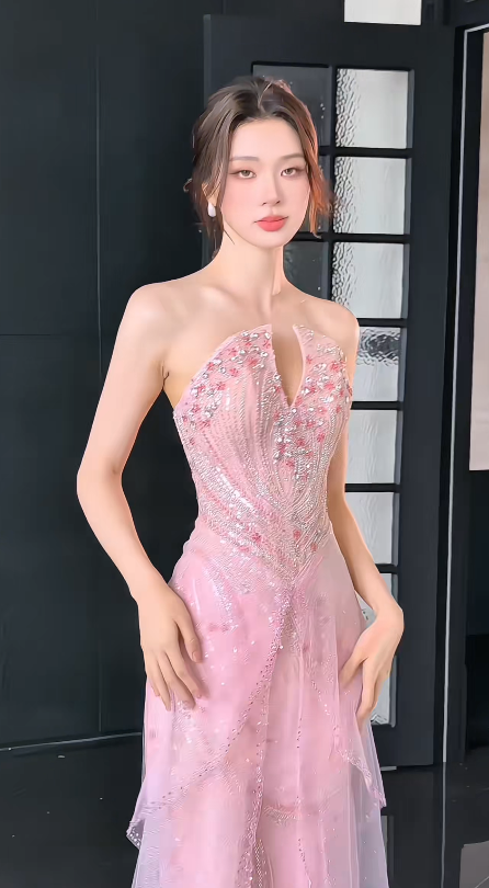 Elegant Pink Prom Dress Strapless Sheath Beaded Tulle Long Evening Dress DP06462