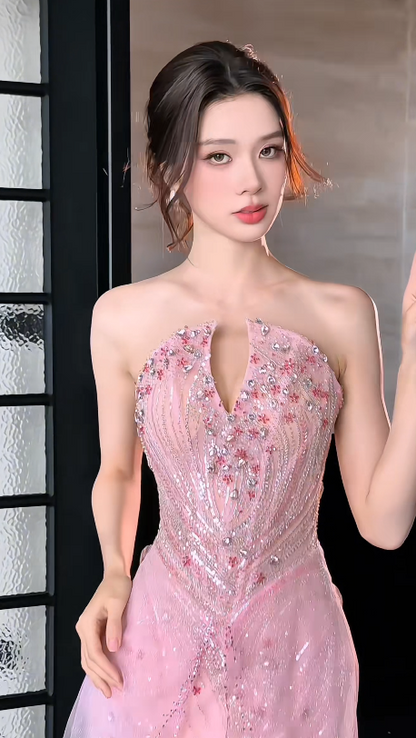 Elegant Pink Prom Dress Strapless Sheath Beaded Tulle Long Evening Dress DP06462