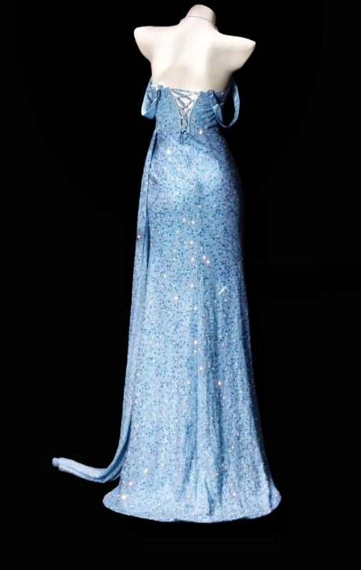 Elegant Blue Prom Dress Off-shoulder Sheath Sequins Long Evening Dress DP06463