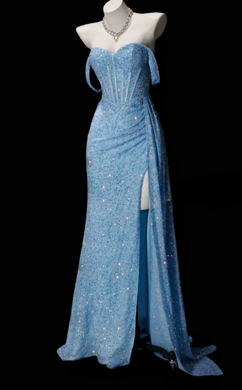 Elegantes blaues Ballkleid schulterfrei Etui-Schnitt Pailletten langes Abendkleid DP06463
