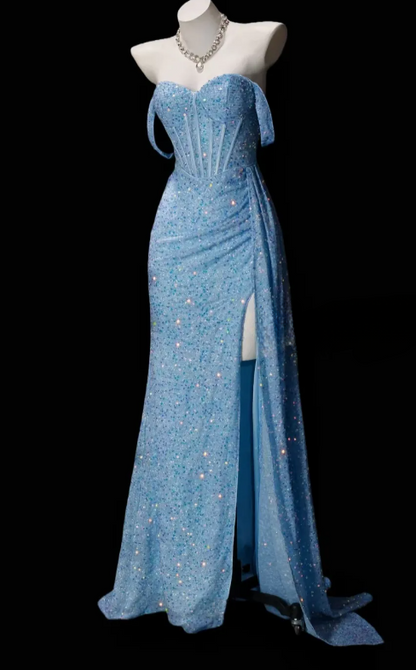 Elegant Blue Prom Dress Off-shoulder Sheath Sequins Long Evening Dress DP06463