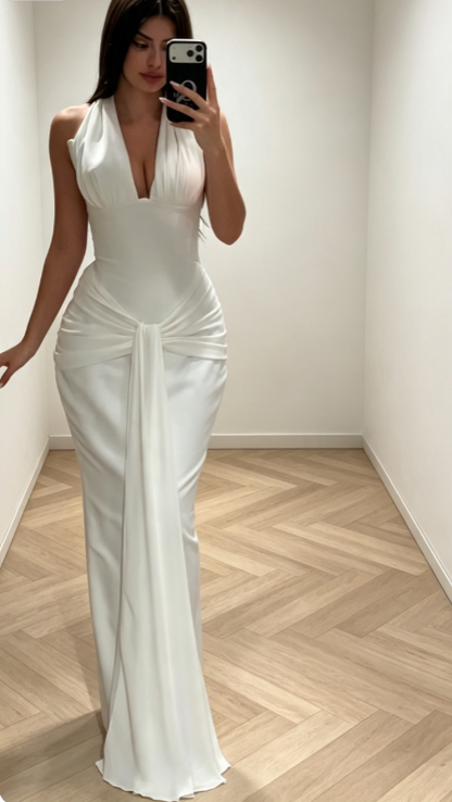 Élégante Robe de Bal Longue Blanche en Mousseline de Soie, Coupe Droite, Col Américain DP06466