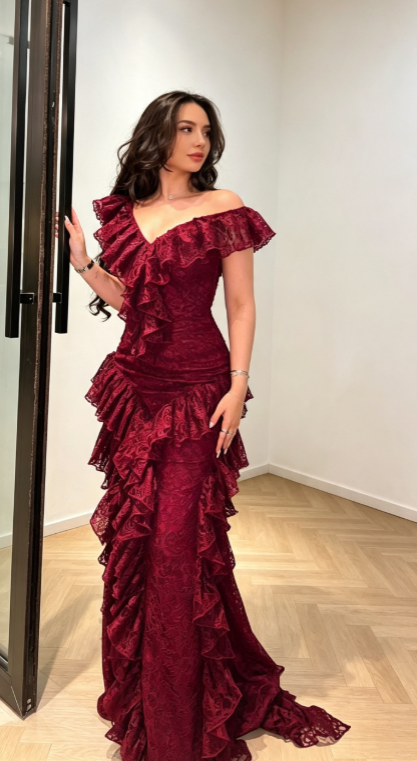 Elegantes burgunderfarbenes Ballkleid V-Ausschnitt Etui-Chiffon langes Abendkleid DP06467