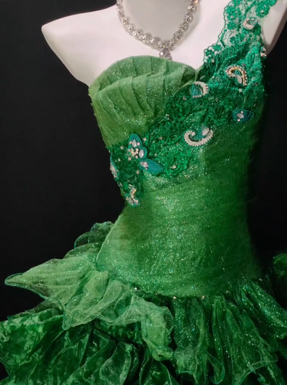 Elegant Green Prom Dress One-shoulder A-Line Tulle Long Evening Dress DP06470