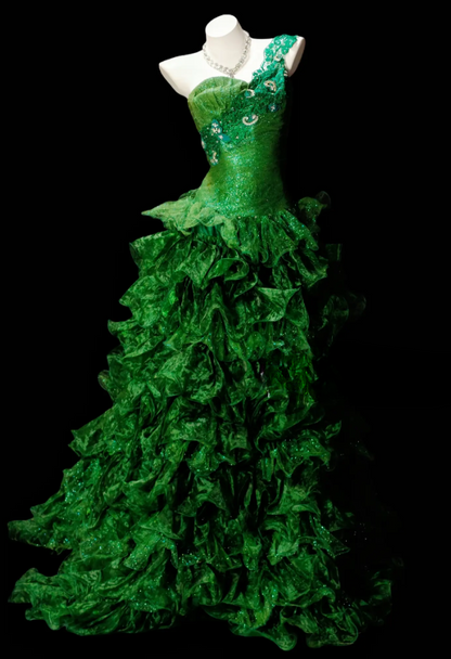 Elegant Green Prom Dress One-shoulder A-Line Tulle Long Evening Dress DP06470