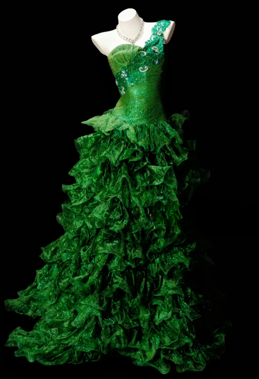 Elegantes grünes Ballkleid, schulterfrei, A-Linie, Tüll, langes Abendkleid DP06470