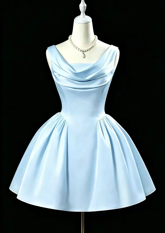Hübsches blaues kurzes Homecoming-Kleid Träger A-Linie Geburtstagskleid Satin Partykleid DP06472