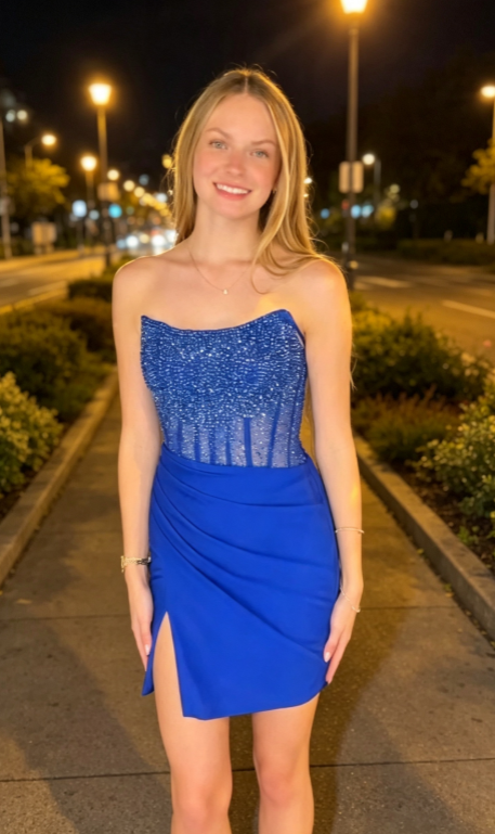 Jolie robe de bal courte bleu bustier fourreau pour anniversaire, robe de soirée en satin DP06488