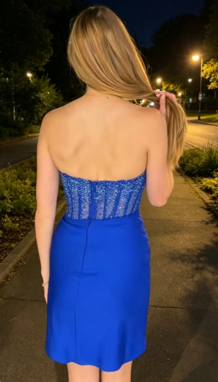 Jolie robe de bal courte bleu bustier fourreau pour anniversaire, robe de soirée en satin DP06488