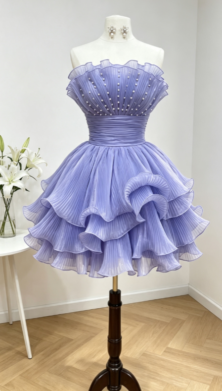 Jolie robe de bal courte lavande sans bretelles, coupe trapèze, robe de soirée en tulle pour anniversaire DP06490