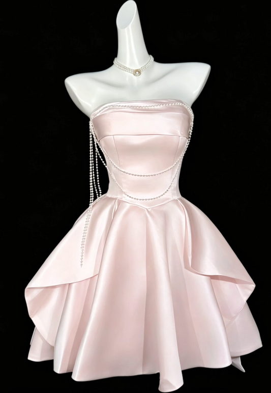 Jolie Robe de Bal Courte Rose, Bustier, Ligne A, Robe d'Anniversaire, Robe de Soirée en Satin DP06491