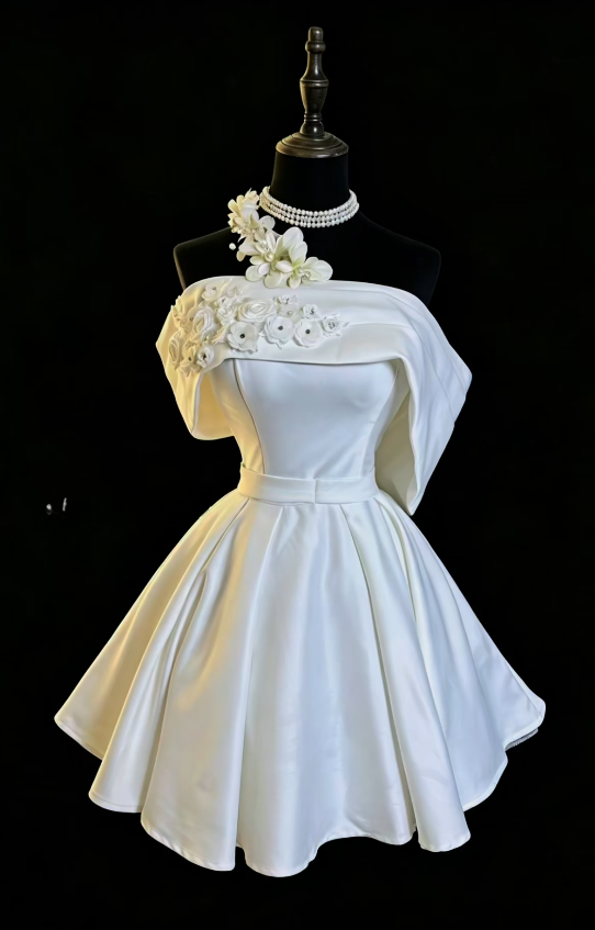 Chic White Short Homecoming Dress  A-Line Prom Dress Satin Birthday Dress DP06494