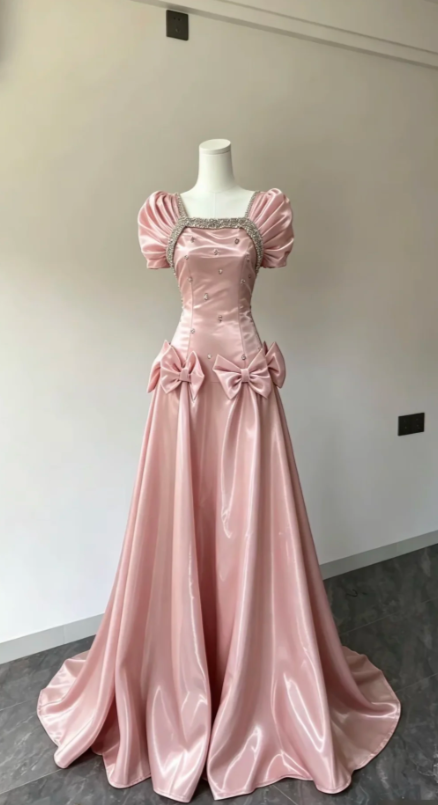 Chic Pink Prom Dress Square A-Line Satin Long Evening Dress DP06503