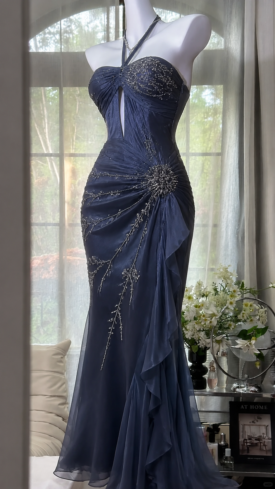Chic Navy Blue Prom Dress Halter Sheath Beaded Long Evening Dress DP06508