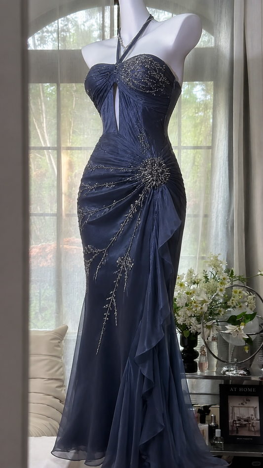 Elegantes marineblaues Ballkleid Neckholder Etui Perlen Lang Abendkleid DP06508