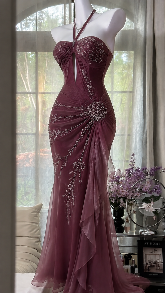 Elegantes burgunderrotes Ballkleid Neckholder Etui Chiffon Perlen Lang Abendkleid DP06509