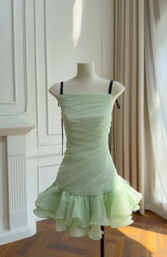 Chic Green Short Prom Dress Sheath Tulle Hoco Dress Straps Birthday Dress DP06512