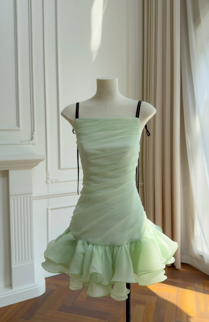 Chic Green Short Prom Dress Sheath Tulle Hoco Dress Straps Birthday Dress DP06512
