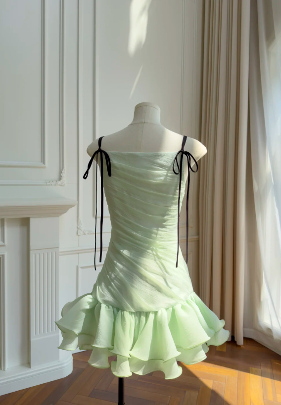Chic Green Short Prom Dress Sheath Tulle Hoco Dress Straps Birthday Dress DP06512
