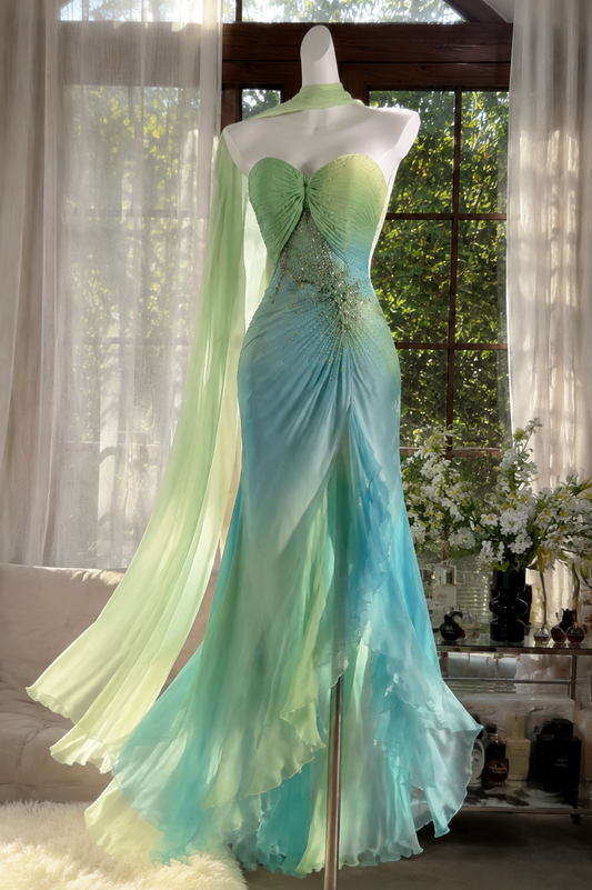 Schickes grünes Ballkleid Sweetheart Etui Chiffon Perlen Lang Abendkleid DP06538