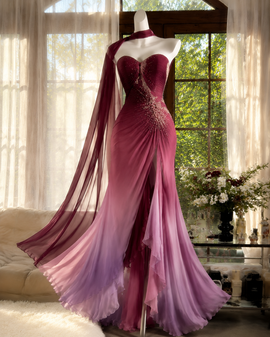 Elegantes dunkelrotes Ballkleid, herzförmiger Ausschnitt, figurbetont, Chiffon, Perlenstickerei, langes Abendkleid DP06539
