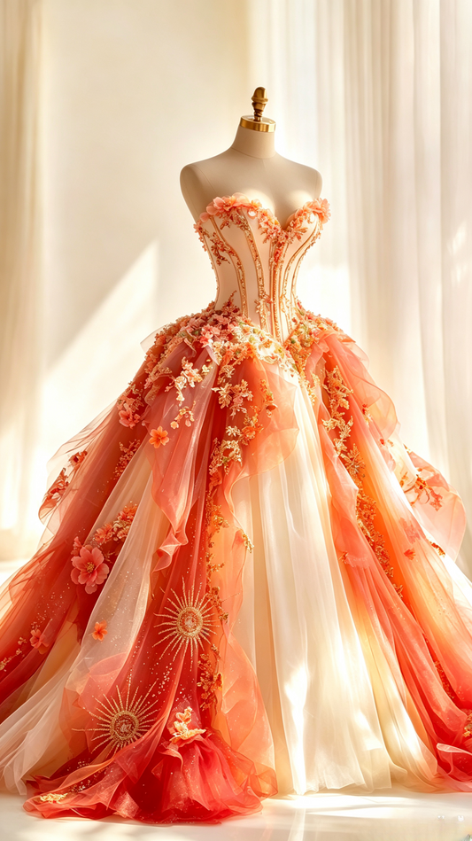 Elegantes orangefarbenes Ballkleid, herzförmiger Ausschnitt, A-Linie, Tüll, Applikationen, langes Abendkleid DP06540