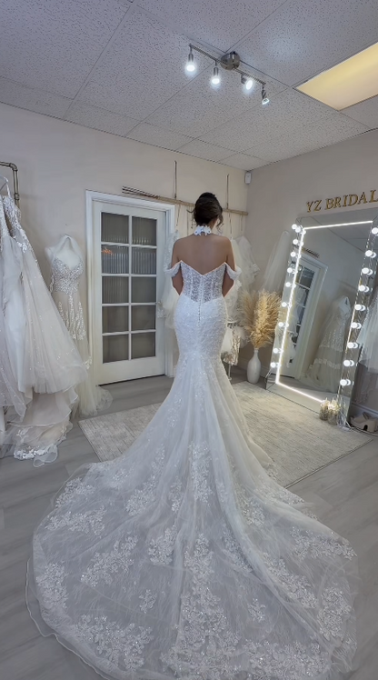 Robe de mariée sirène modeste épaules dénudées en dentelle blanche DP06541