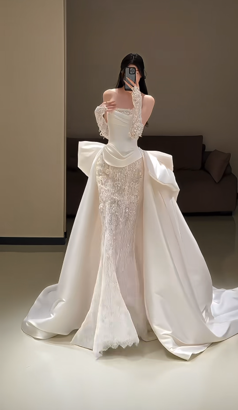 Modest Strapless Sheath Wedding Dress Satin White Bridal Gown DP06545