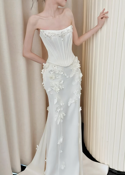 Modest Strapless Mermaid Wedding Dress Satin White Bridal Gown DP06547