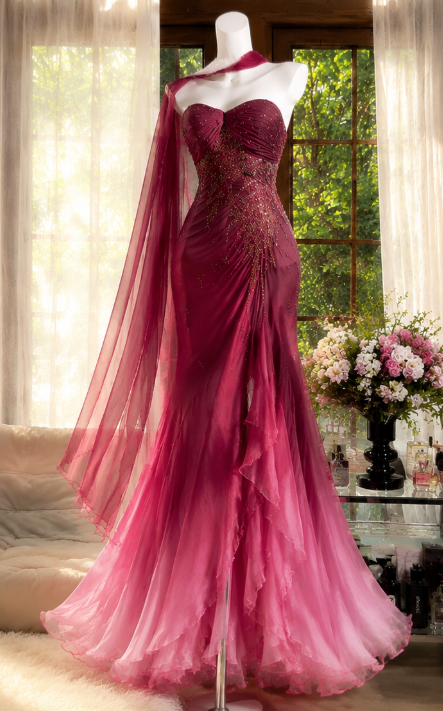 Wunderschönes burgunderrotes Ballkleid, Sweetheart-Ausschnitt, figurbetont, perlenbesetzt, Chiffon, langes Abendkleid DP06551
