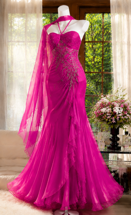 Wunderschönes, heißrosafarbenes Ballkleid Neckholder Scheide Perlen Chiffon Langes Abendkleid DP06553