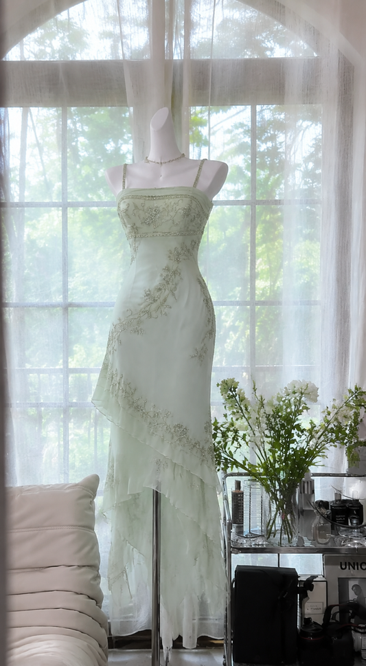 Wunderschönes hellgrünes Ballkleid mit Trägern, Scheide, Perlenstickerei, Chiffon, langes Abendkleid DP06554