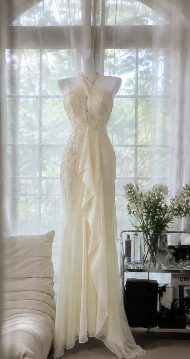 Superbe Robe de Bal Longue Jaune Pâle Fourreau Col Montant Perles Mousseline de Soie Soirée DP06555