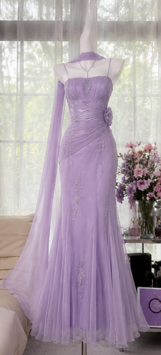 Wunderschönes, hellviolettes Ballkleid mit Trägern, Scheide, Perlenstickerei, Chiffon, langes Abendkleid DP06559