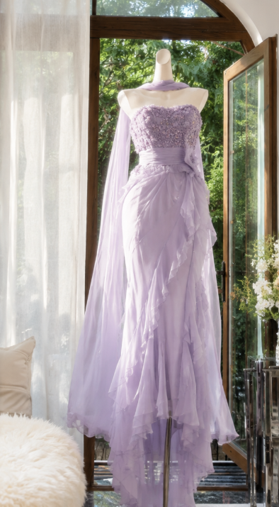 Wunderschönes, hellviolettes Ballkleid, Sweetheart-Scheide, perlenbesetzter Chiffon, langes Abendkleid DP06560