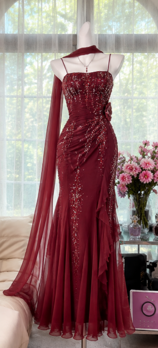 Wunderschönes burgunderrotes Ballkleid Träger Scheide Perlen Chiffon Langes Abendkleid DP06561
