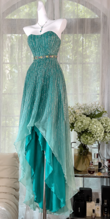 Wunderschönes türkisfarbenes Ballkleid, trägerlos, scheidenförmig, mit Perlenstickerei, aus Chiffon, langes Abendkleid DP06562