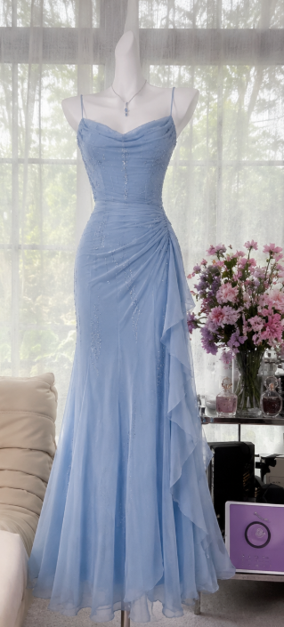 Wunderschönes blaues Ballkleid Träger Etui Perlen Chiffon Langes Abendkleid DP06563