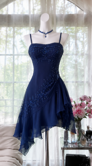 Jolie Robe Courte de Soirée Bleu Marine Bretelles Col Bateau Mousseline Perles Robe d'Anniversaire DP06567