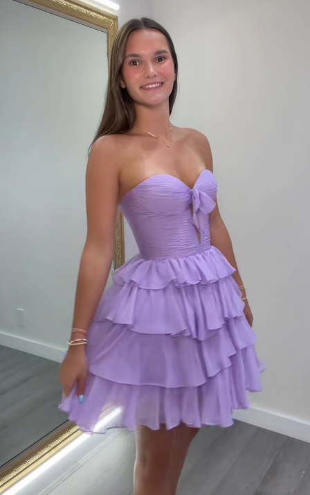 Sexy Purple Short Homecoming Dress Sweetheart A-Line Chiffon Ruffle Birthday Dress DP06573