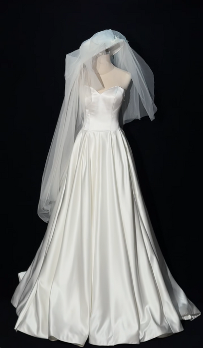 Timeless A-Line White Satin Wedding Dress for Bride DP06585