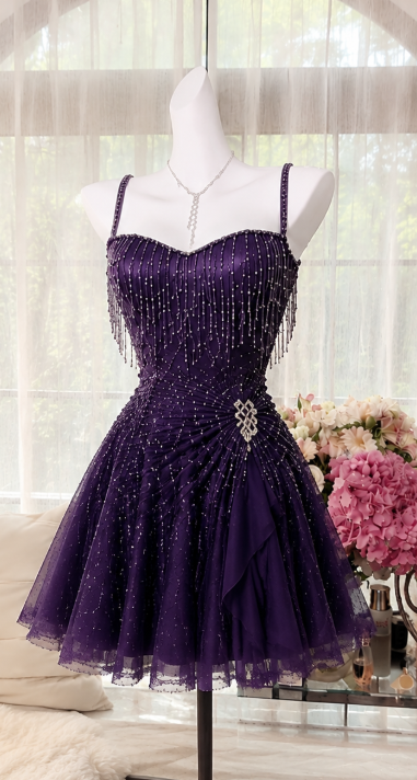 Elegantes kurzes Homecoming-Kleid in Lila A-Linie Chiffon Perlen Geburtstagskleid DP06601